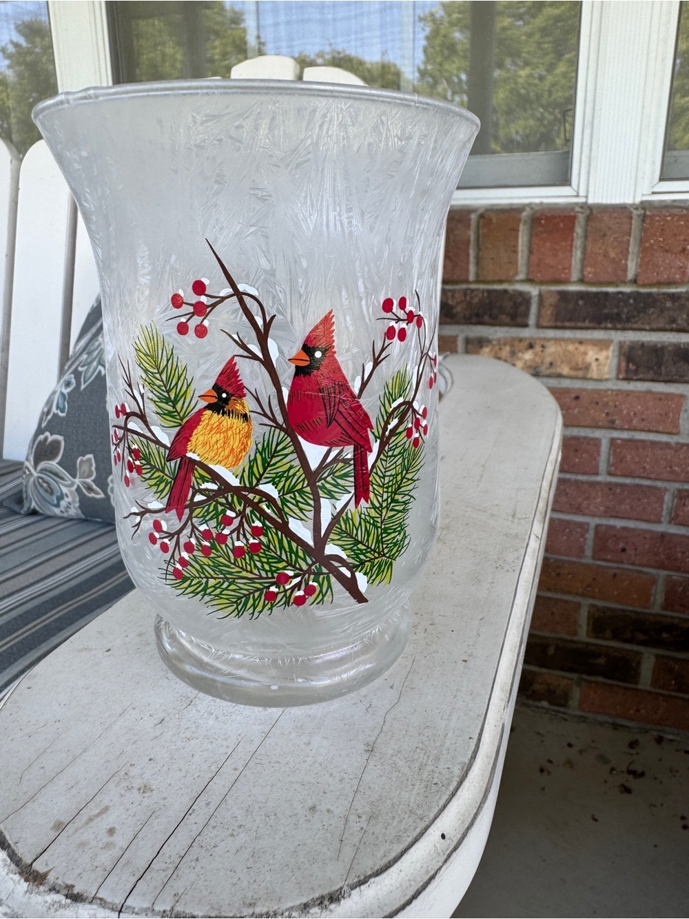 GANZ Frosted Glass Hurricane Vase with Cardinals